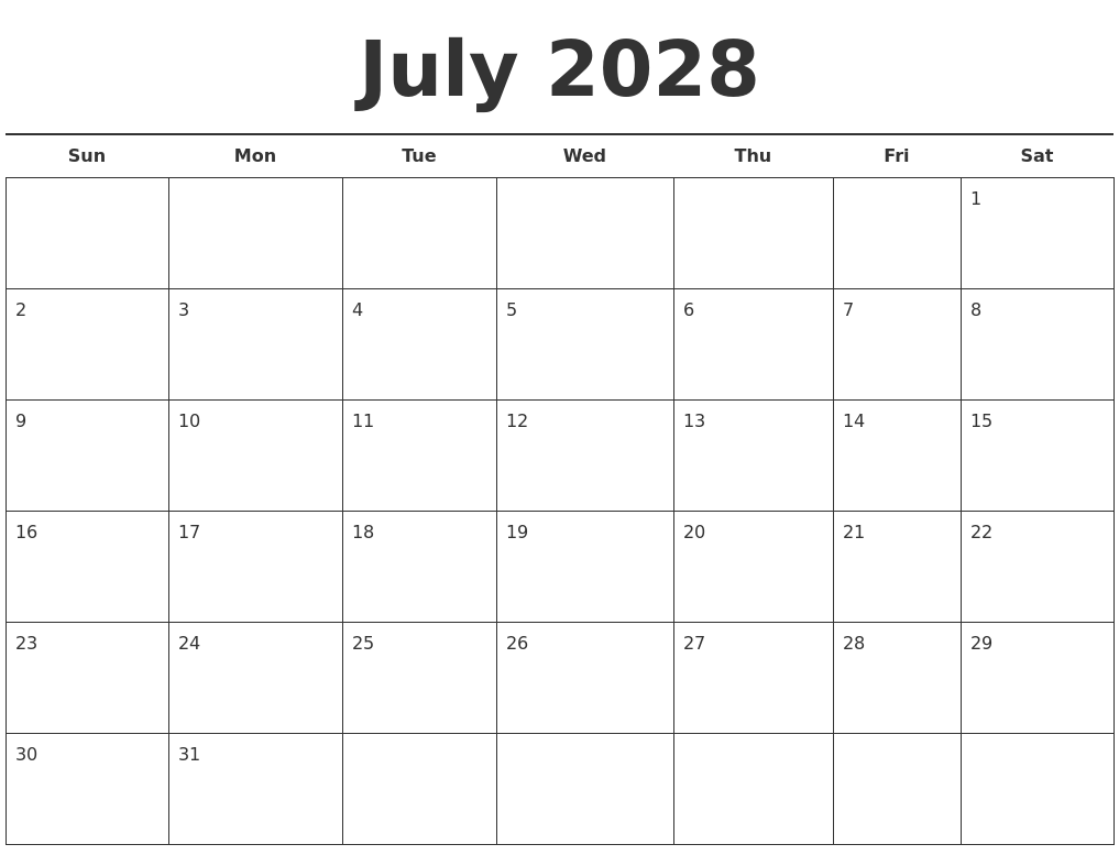 July 2028 Free Calendar Template