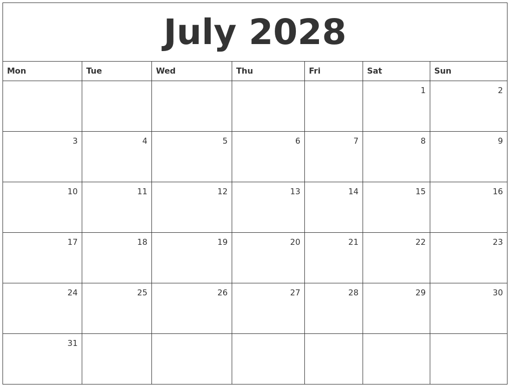 July 2028 Monthly Calendar