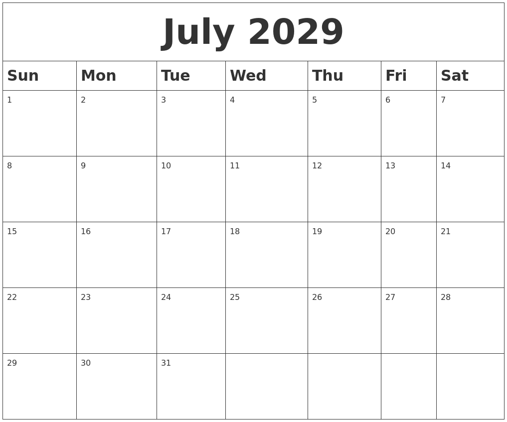 July 2029 Blank Calendar