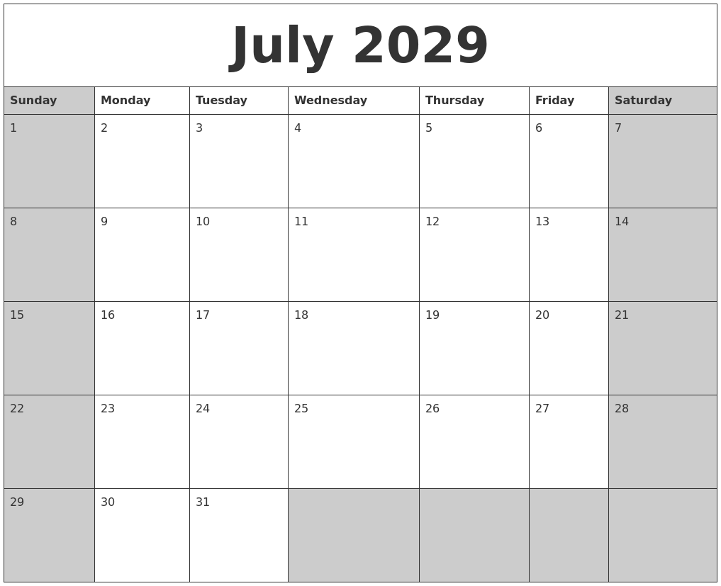 July 2029 Calanders