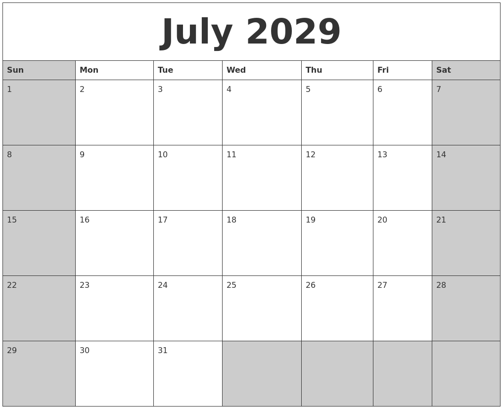 July 2029 Calanders