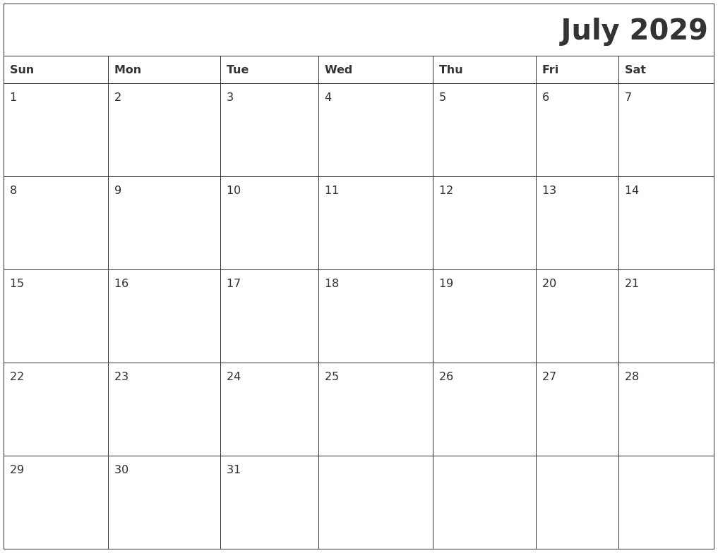 July 2029 Download Calendar