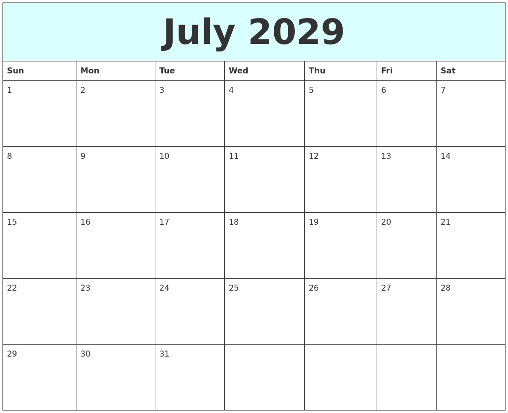 July 2029 Free Calendar