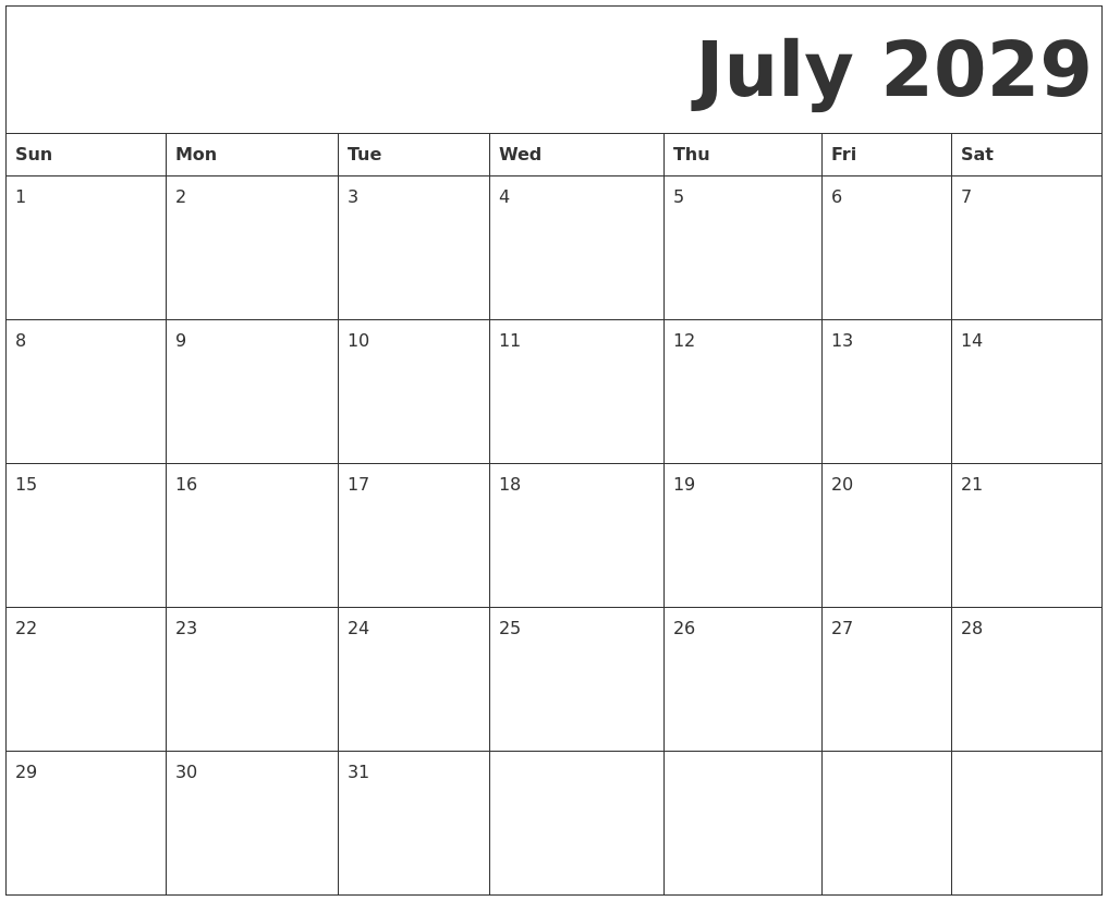 July 2029 Free Printable Calendar