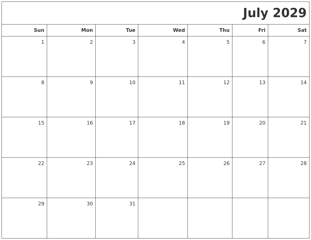 July 2029 Printable Blank Calendar