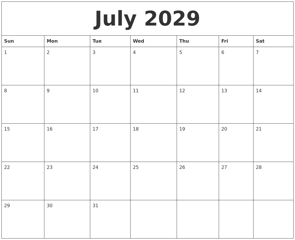 July 2029 Printable Calendar Free