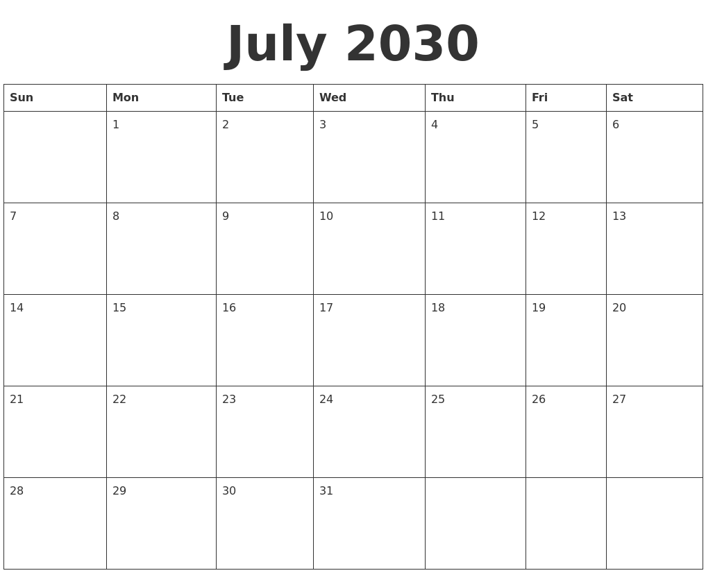 July 2030 Blank Calendar Template