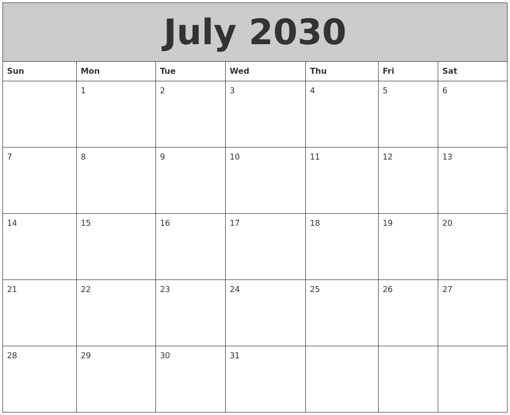 July 2030 My Calendar