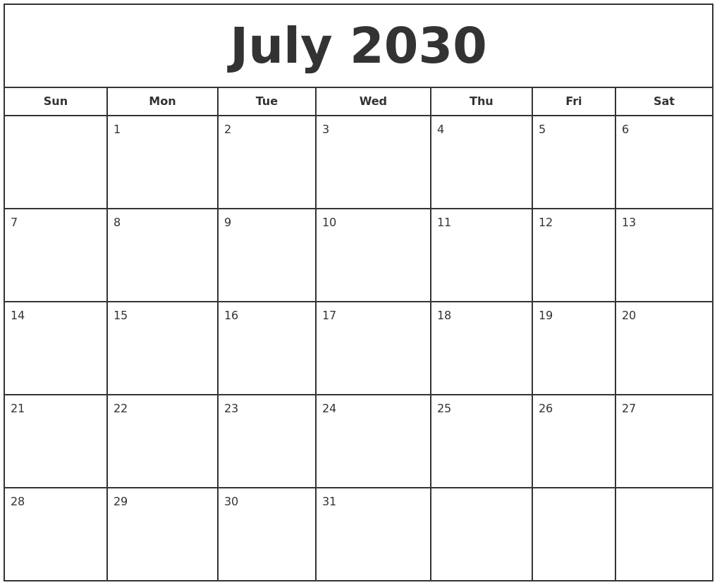 July 2030 Print Free Calendar