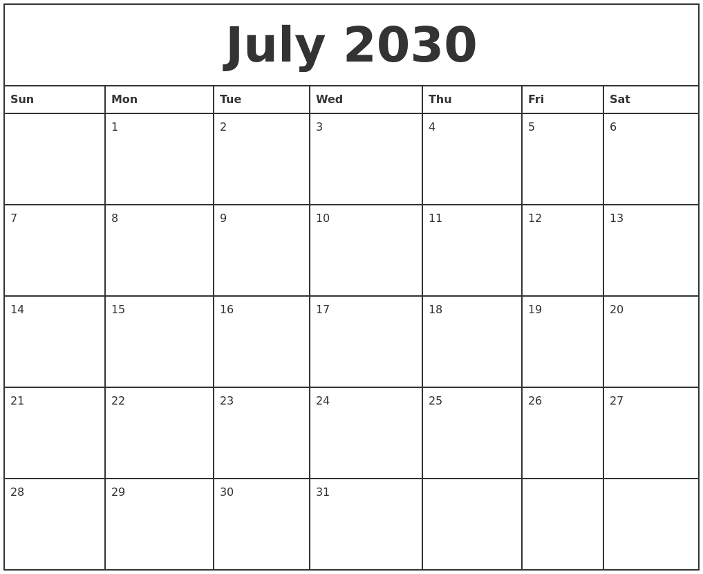July 2030 Printable Monthly Calendar