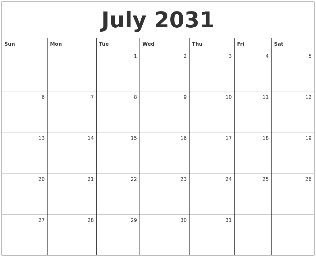 July 2031 Monthly Calendar