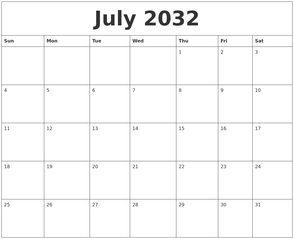 July 2032 Free Monthly Printable Calendar