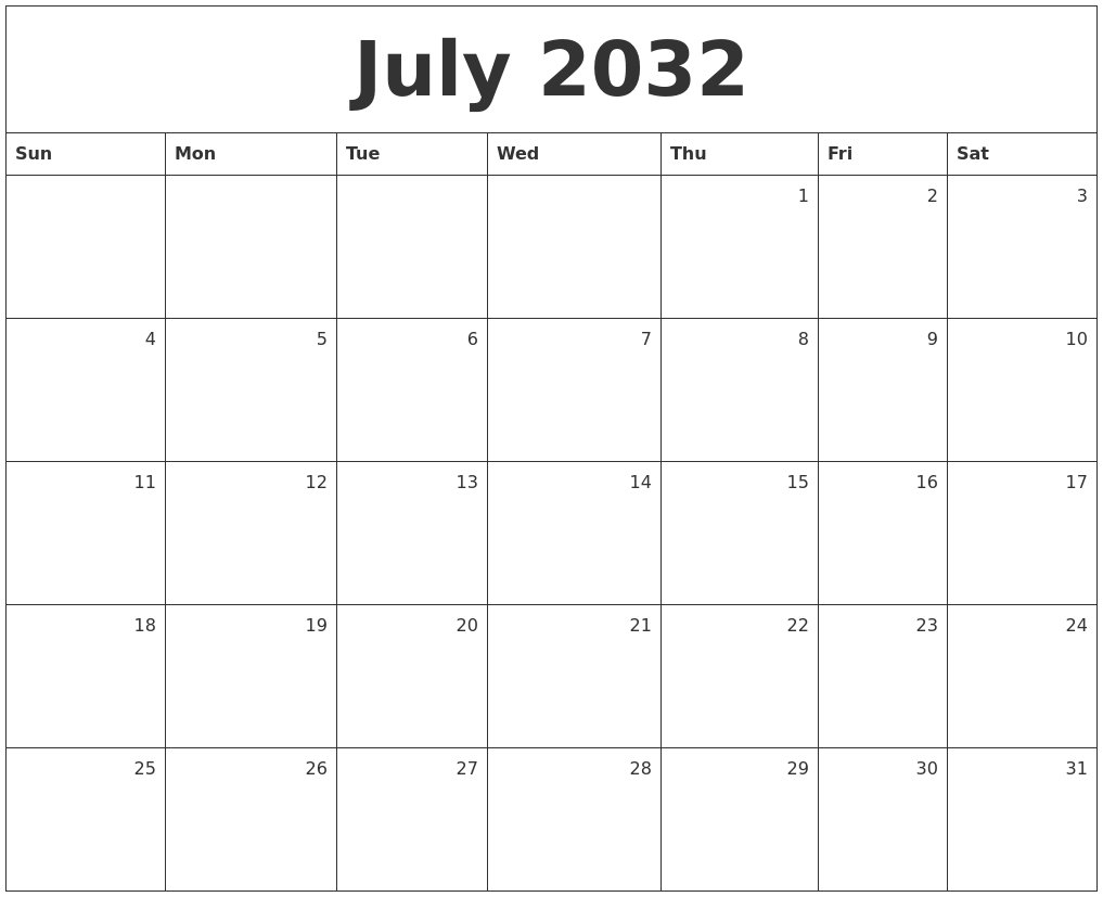 July 2032 Monthly Calendar