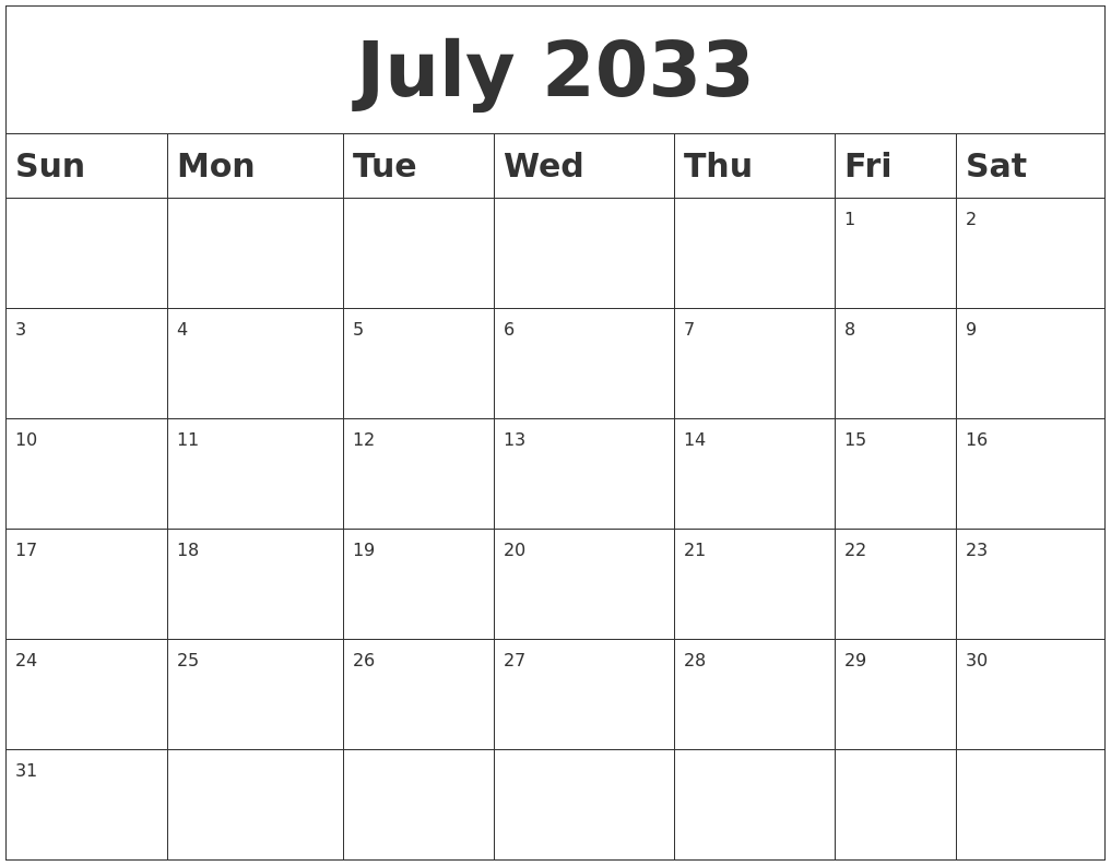 July 2033 Blank Calendar
