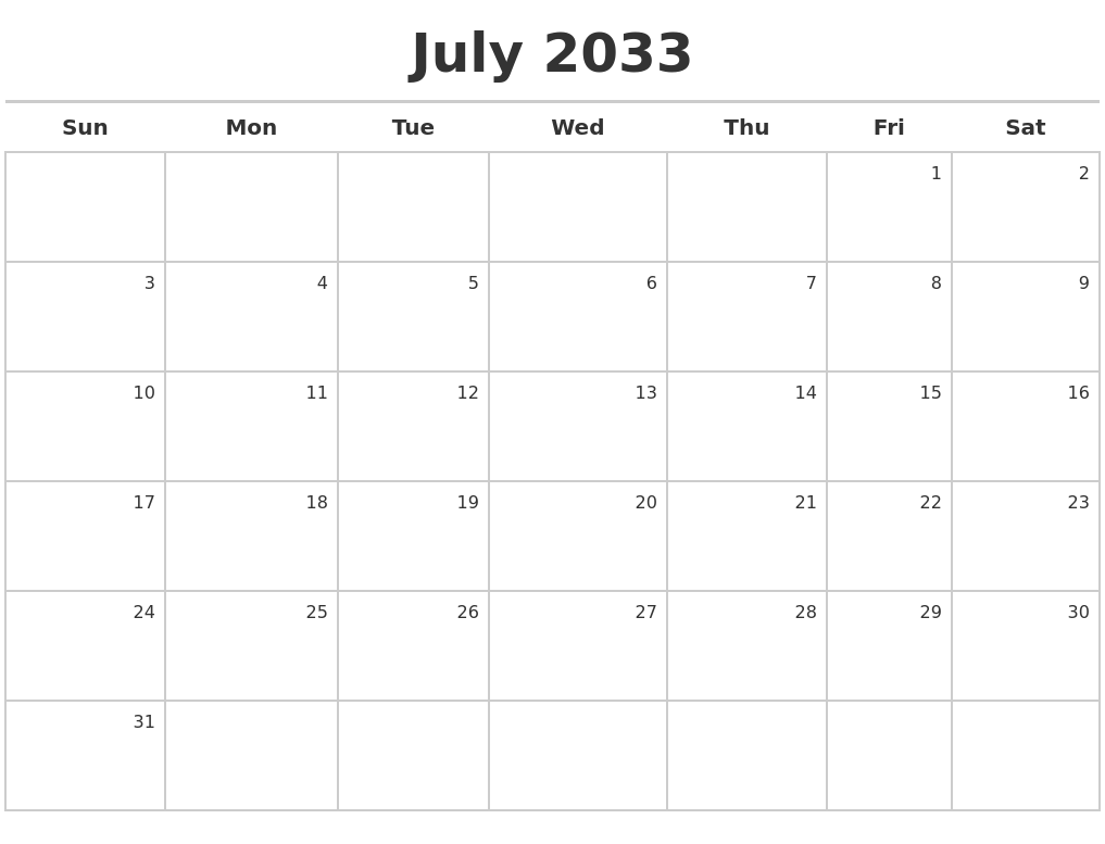 July 2033 Calendar Maker