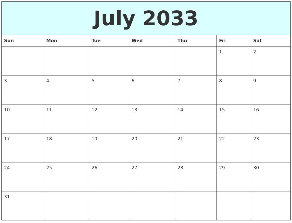 July 2033 Free Calendar