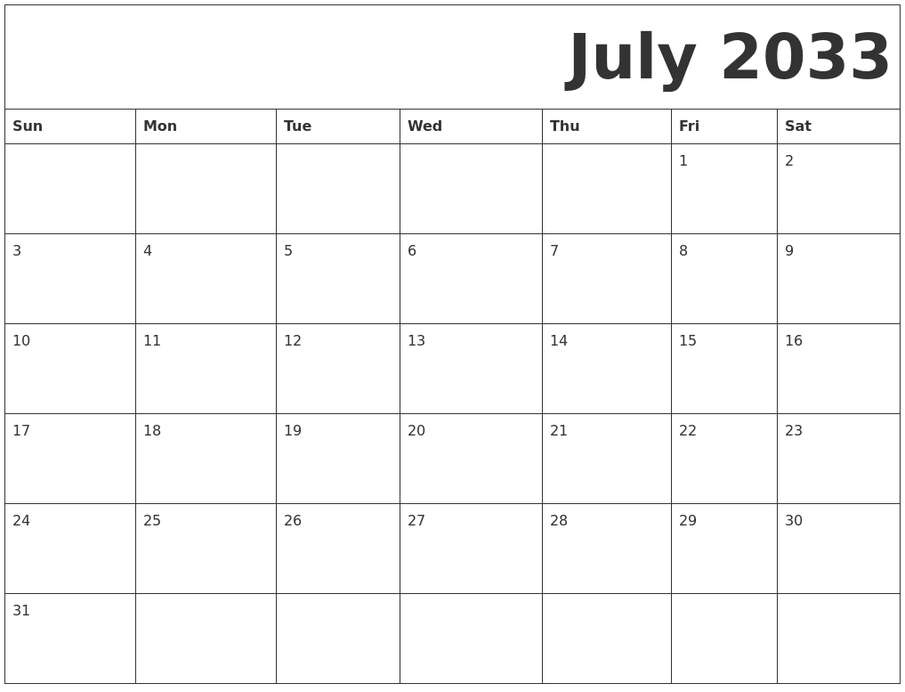 July 2033 Free Printable Calendar