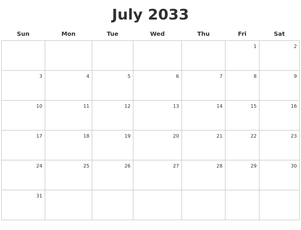 July 2033 Make A Calendar