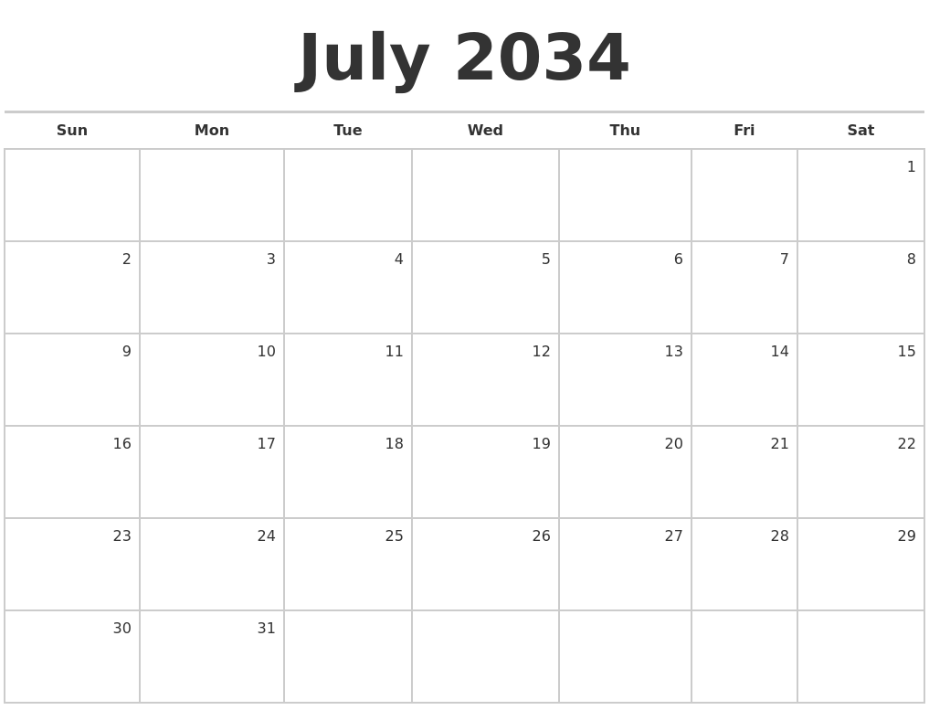 July 2034 Blank Monthly Calendar