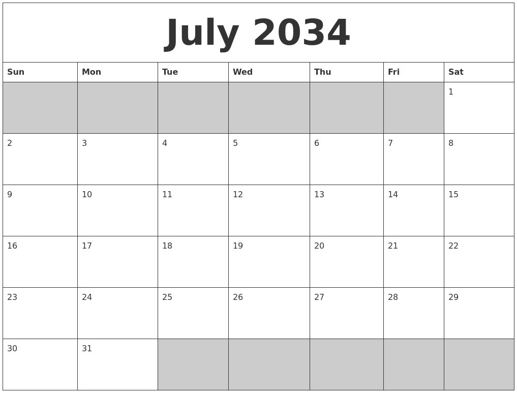 July 2034 Blank Printable Calendar