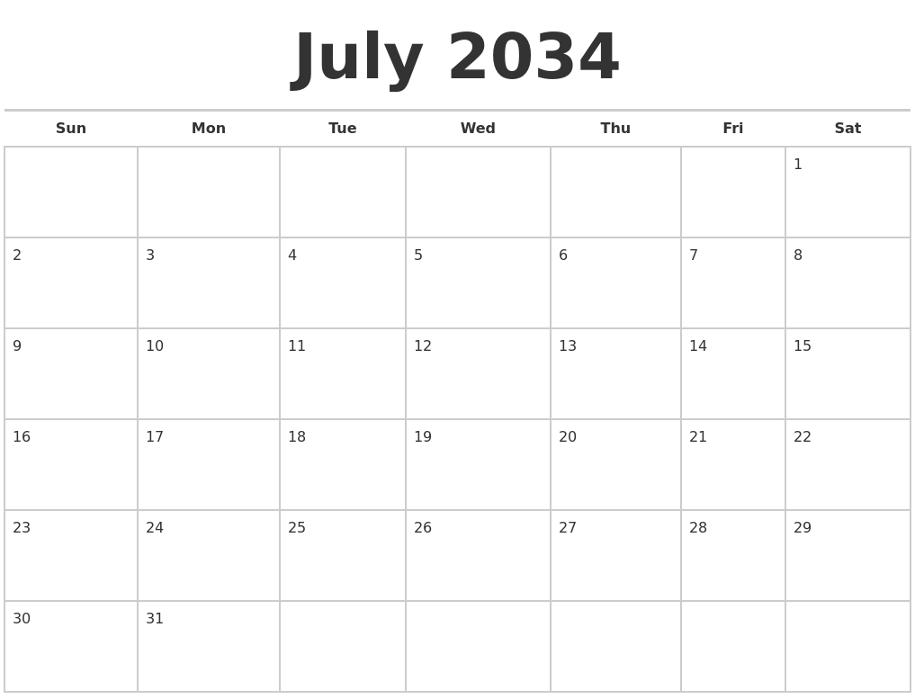 July 2034 Calendars Free