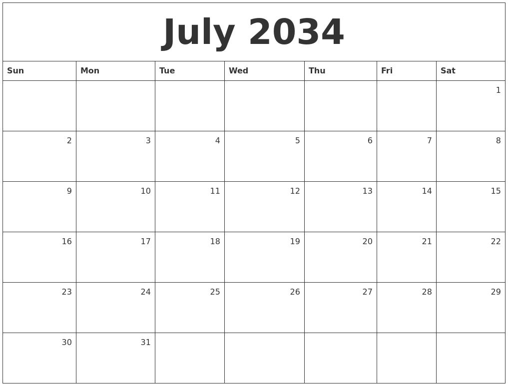 July 2034 Monthly Calendar