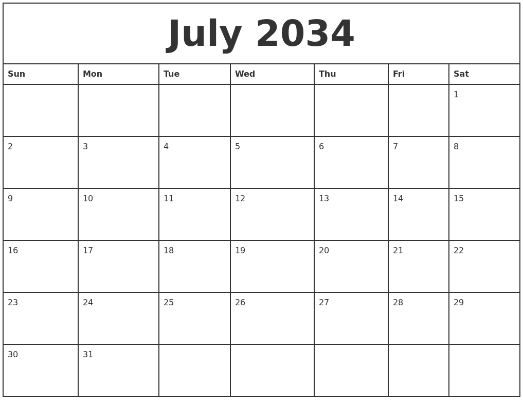 July 2034 Printable Monthly Calendar