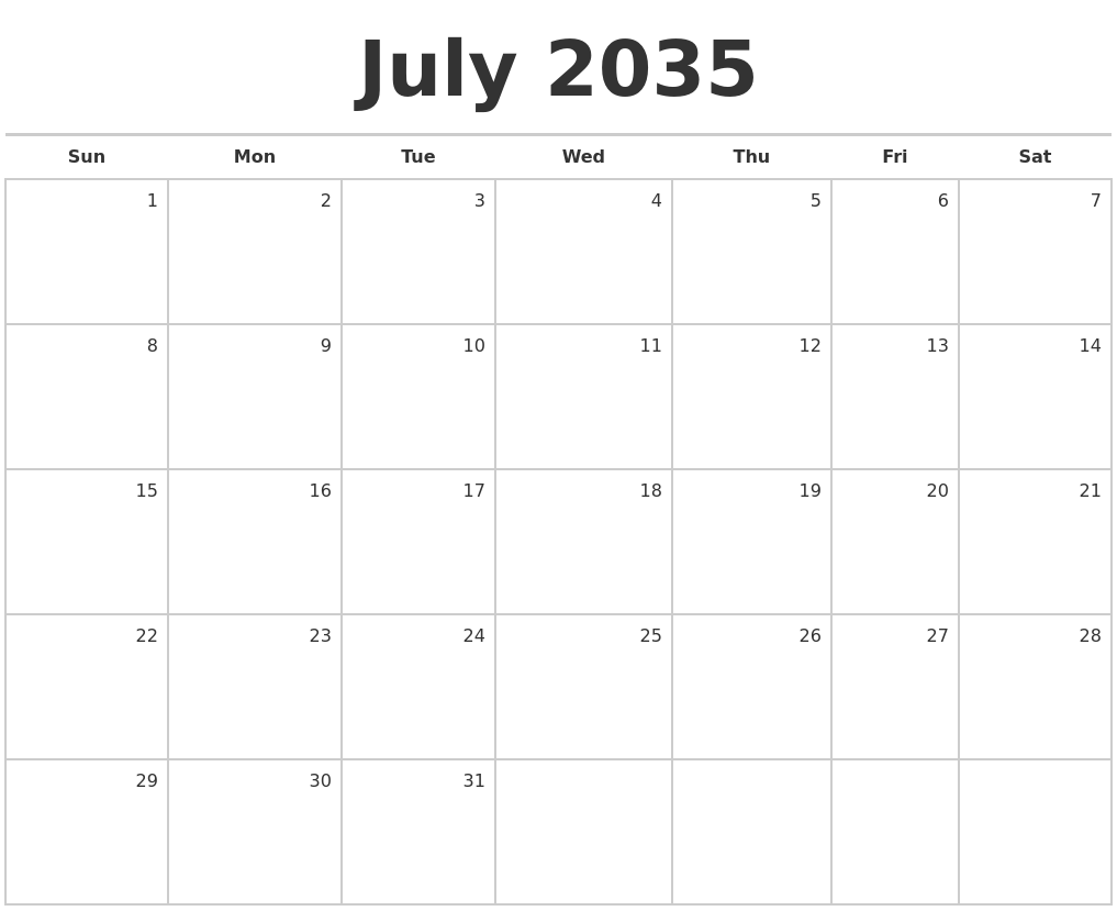 July 2035 Blank Monthly Calendar