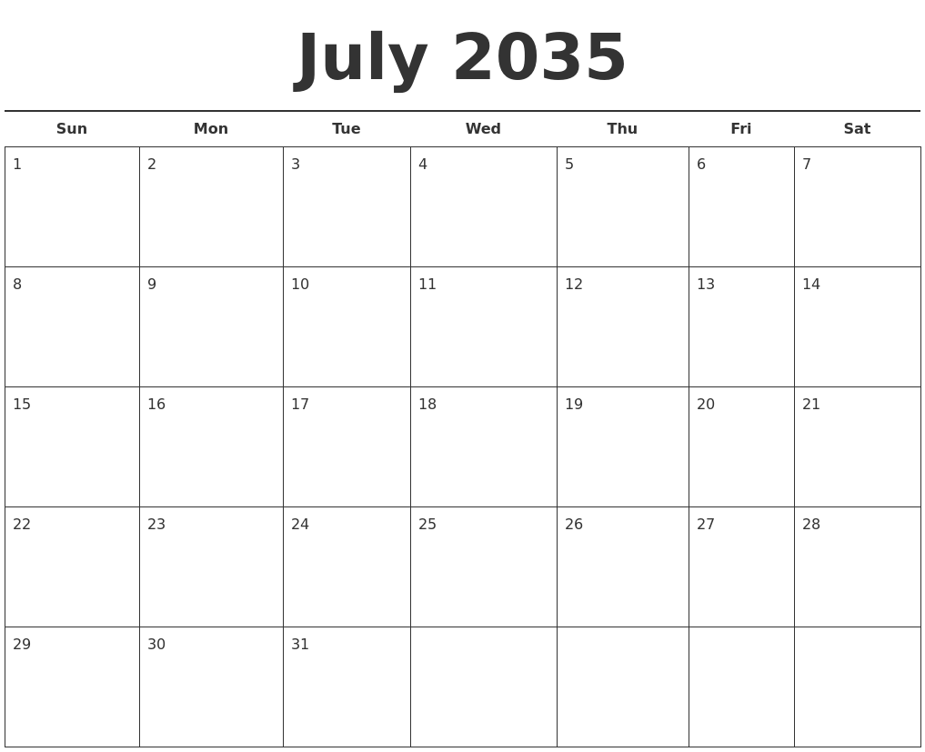 July 2035 Free Calendar Template