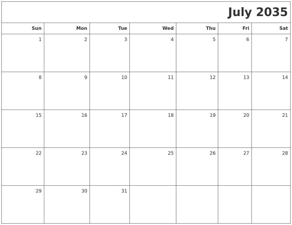 July 2035 Printable Blank Calendar