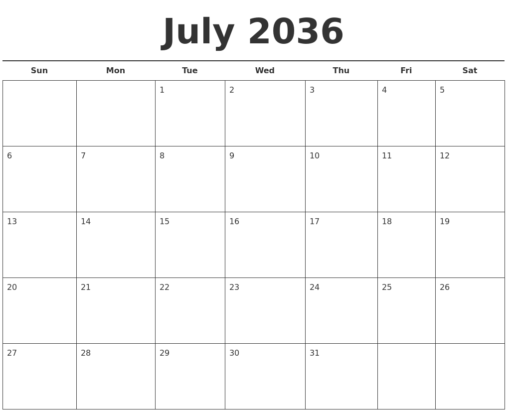 July 2036 Free Calendar Template