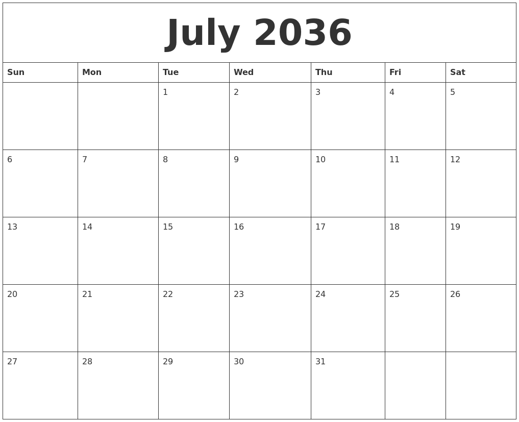 July 2036 Free Weekly Calendar