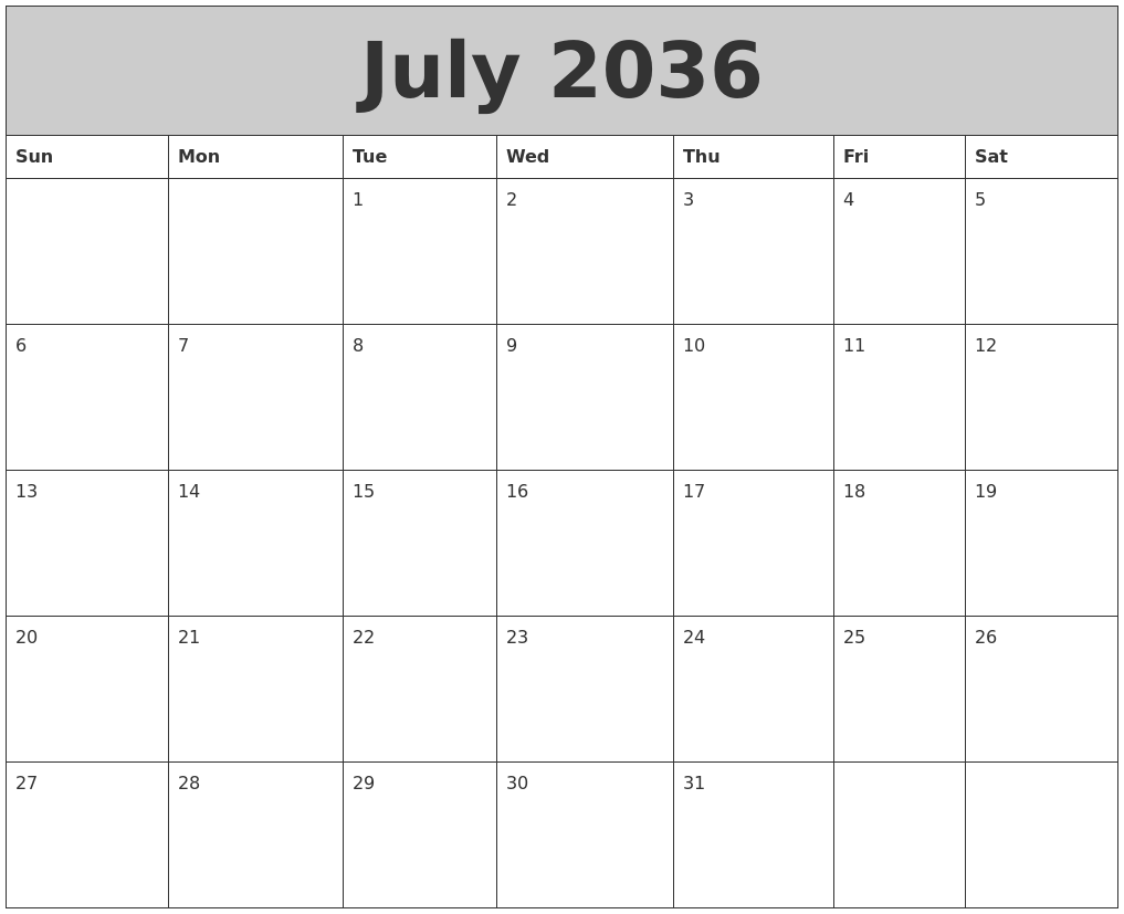 July 2036 My Calendar