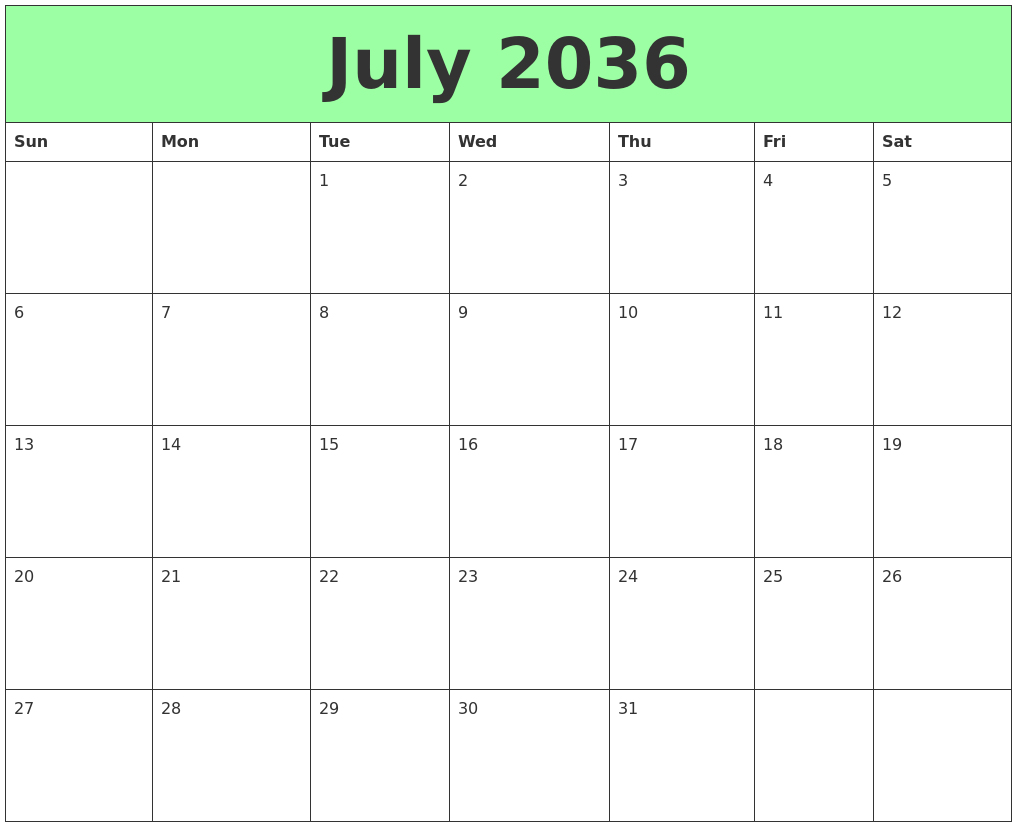 July 2036 Printable Calendars