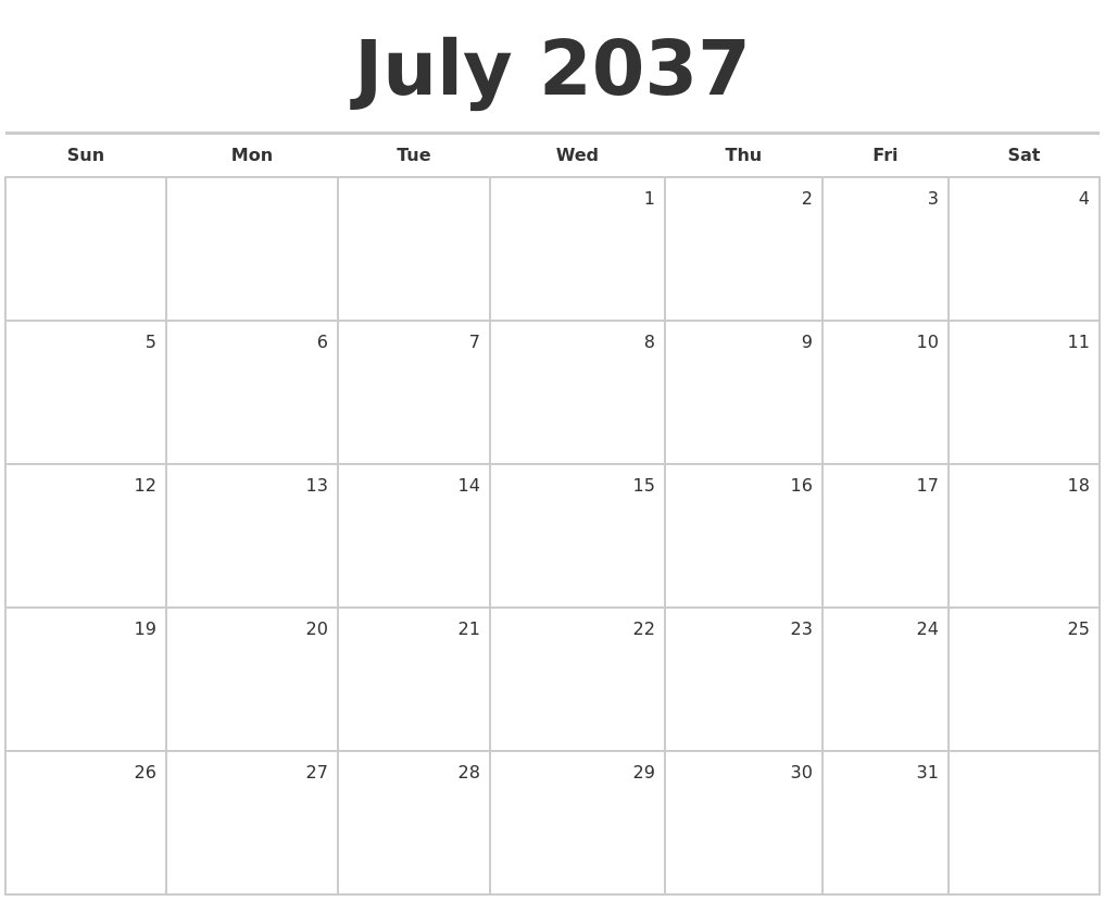 July 2037 Blank Monthly Calendar