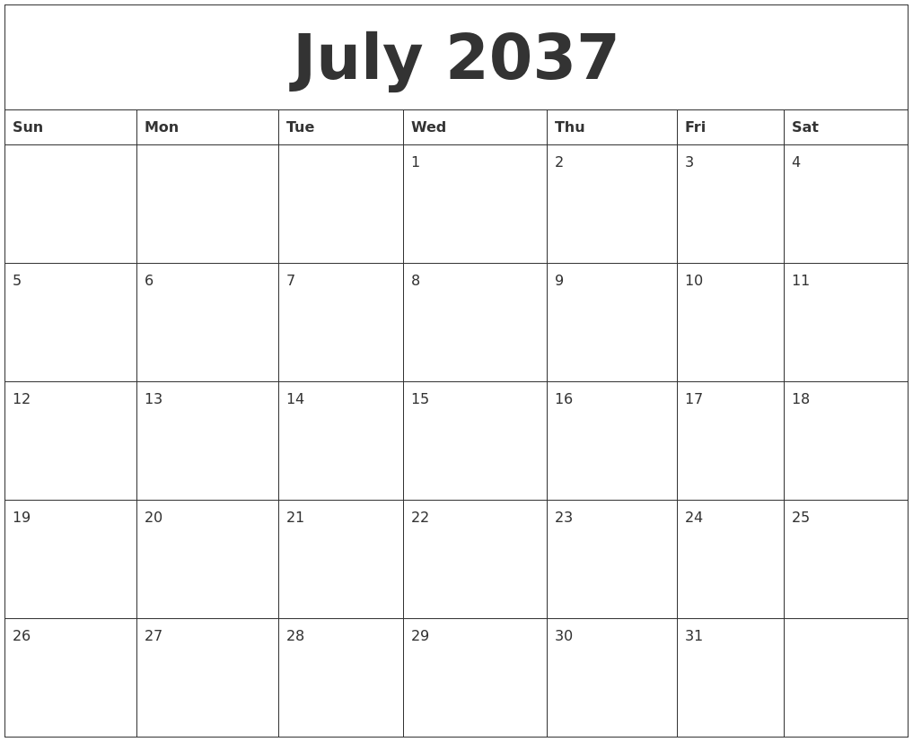 July 2037 Free Weekly Calendar