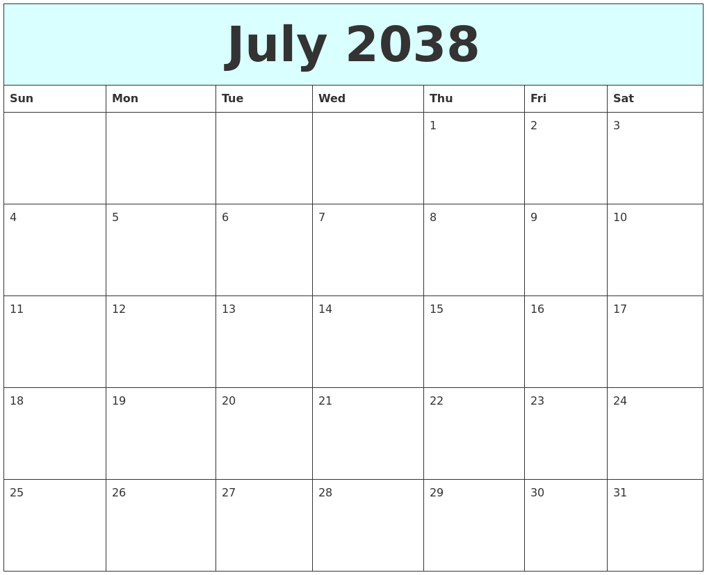 July 2038 Free Calendar