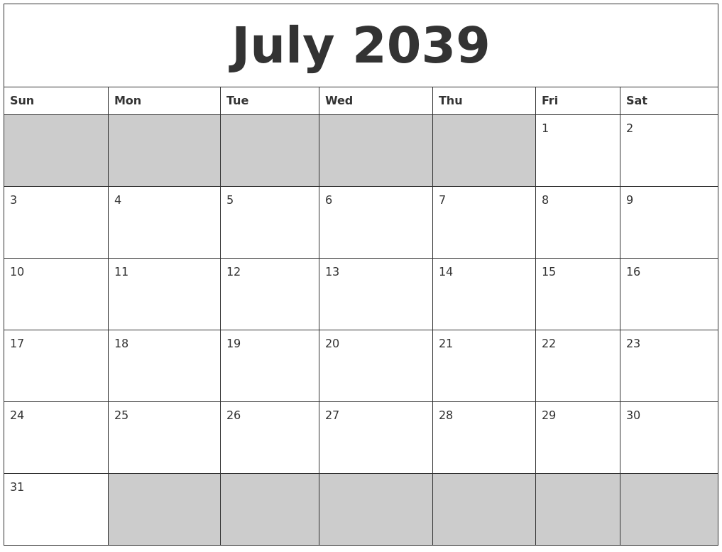 July 2039 Blank Printable Calendar