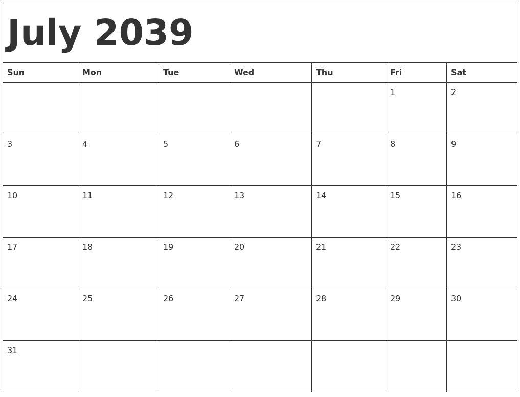 July 2039 Calendar Template