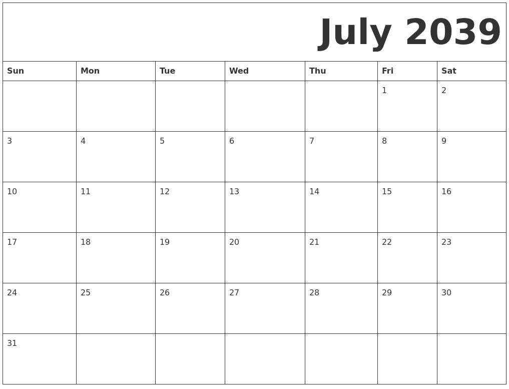 July 2039 Free Printable Calendar