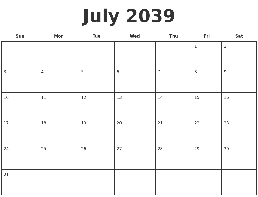 July 2039 Monthly Calendar Template