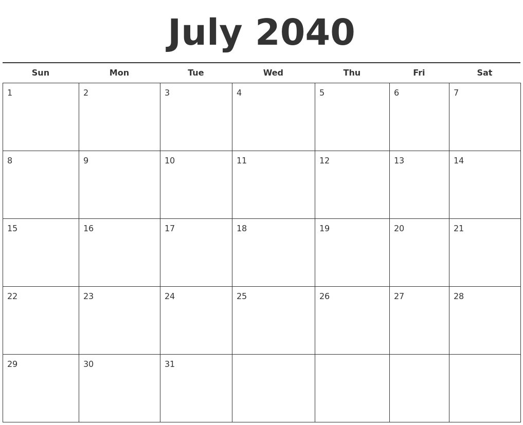 July 2040 Free Calendar Template