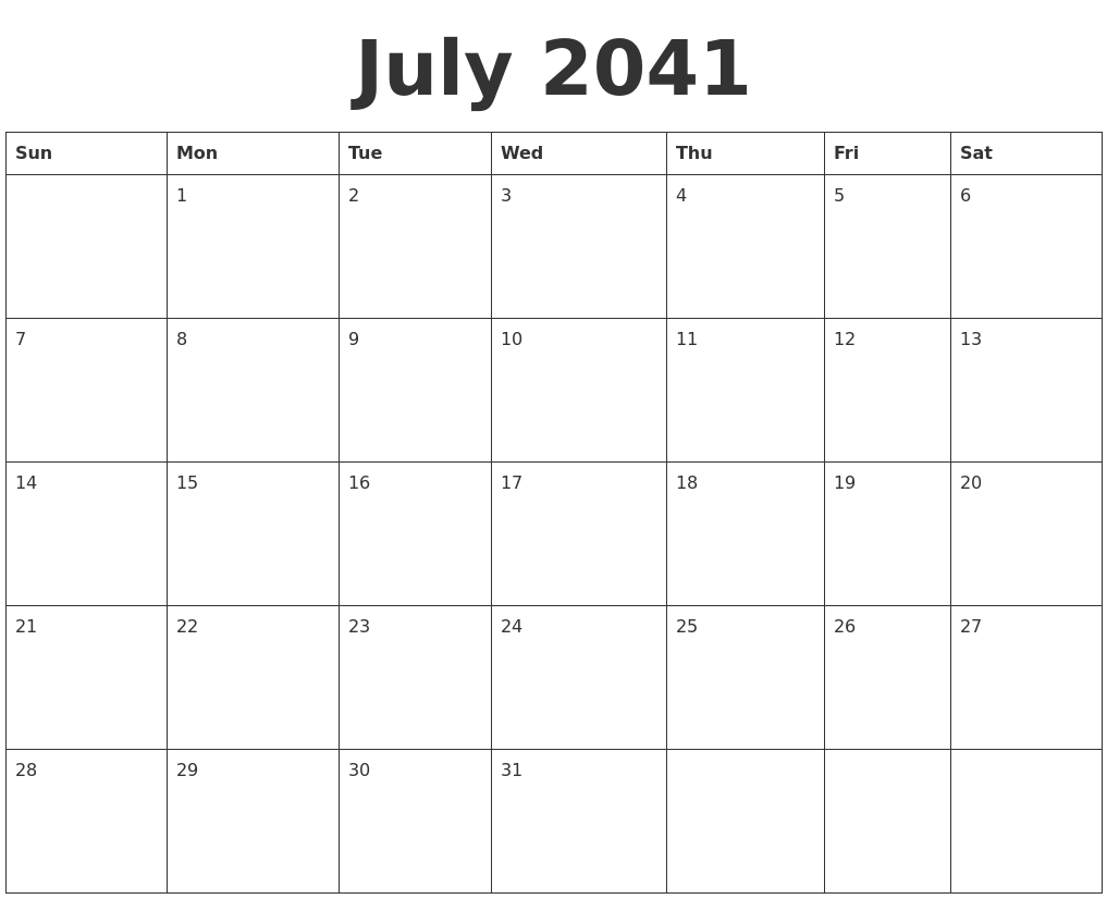 July 2041 Blank Calendar Template