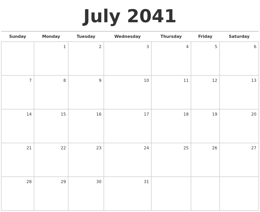 July 2041 Blank Monthly Calendar