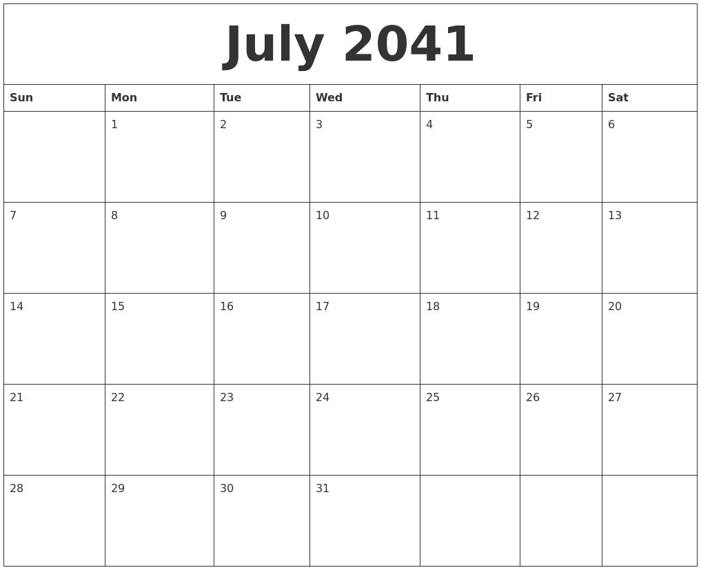 July 2041 Calendar Printable Free