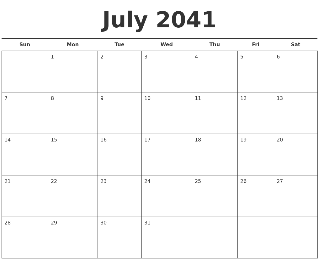July 2041 Free Calendar Template