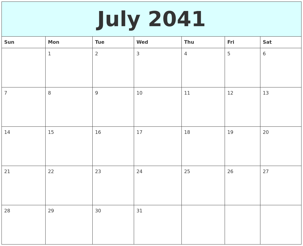 July 2041 Free Calendar