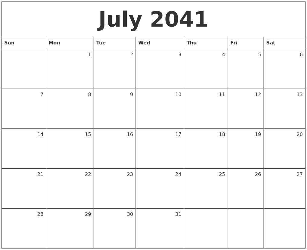 July 2041 Monthly Calendar