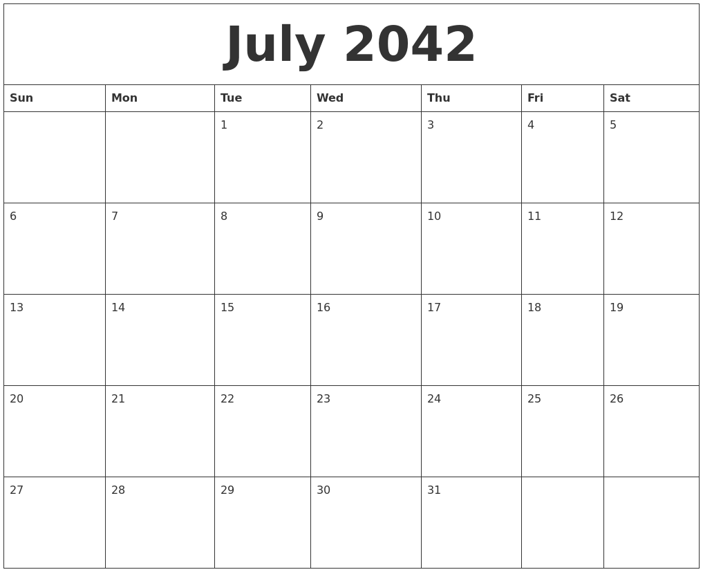 July 2042 Free Weekly Calendar