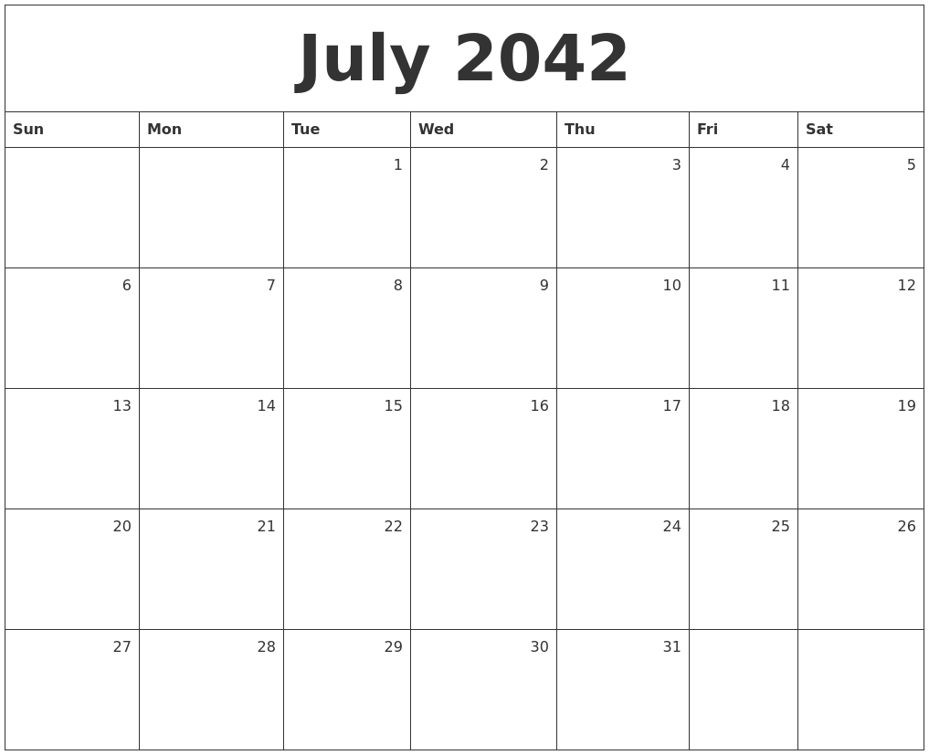 July 2042 Monthly Calendar